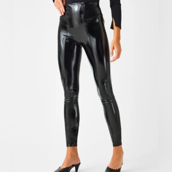 SPANXshape Womens Medium Petite Faux Leather Patent Leggings Black, Compression - Picture 1 of 6